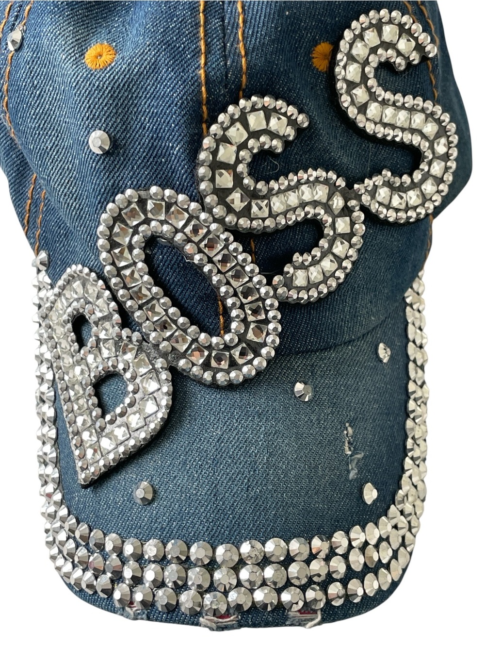 Denim Bling Baseball Cap with Crystal 'BOSS' Accent - Picture 2 of 8